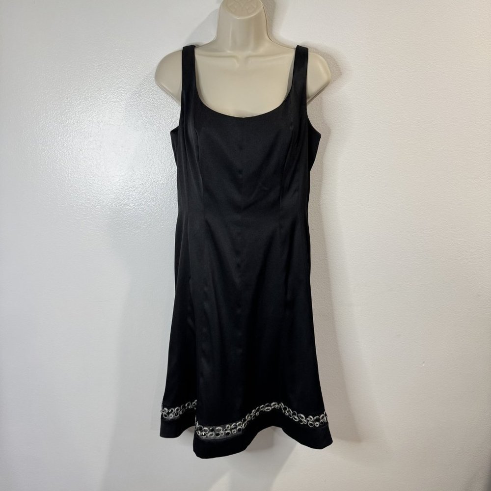 Vintage 90s Y2K Jones Wear Dress 8 Black Satin Swing Beaded Square Neck Cocktail